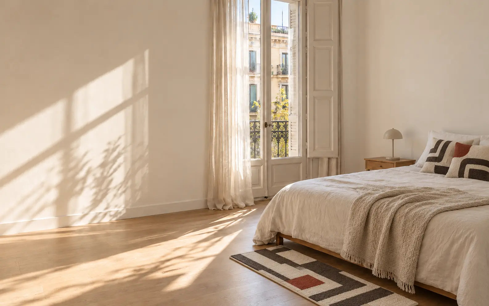 Dormitorio de estilo gráfico con una alfombra geométrica y textiles cacao