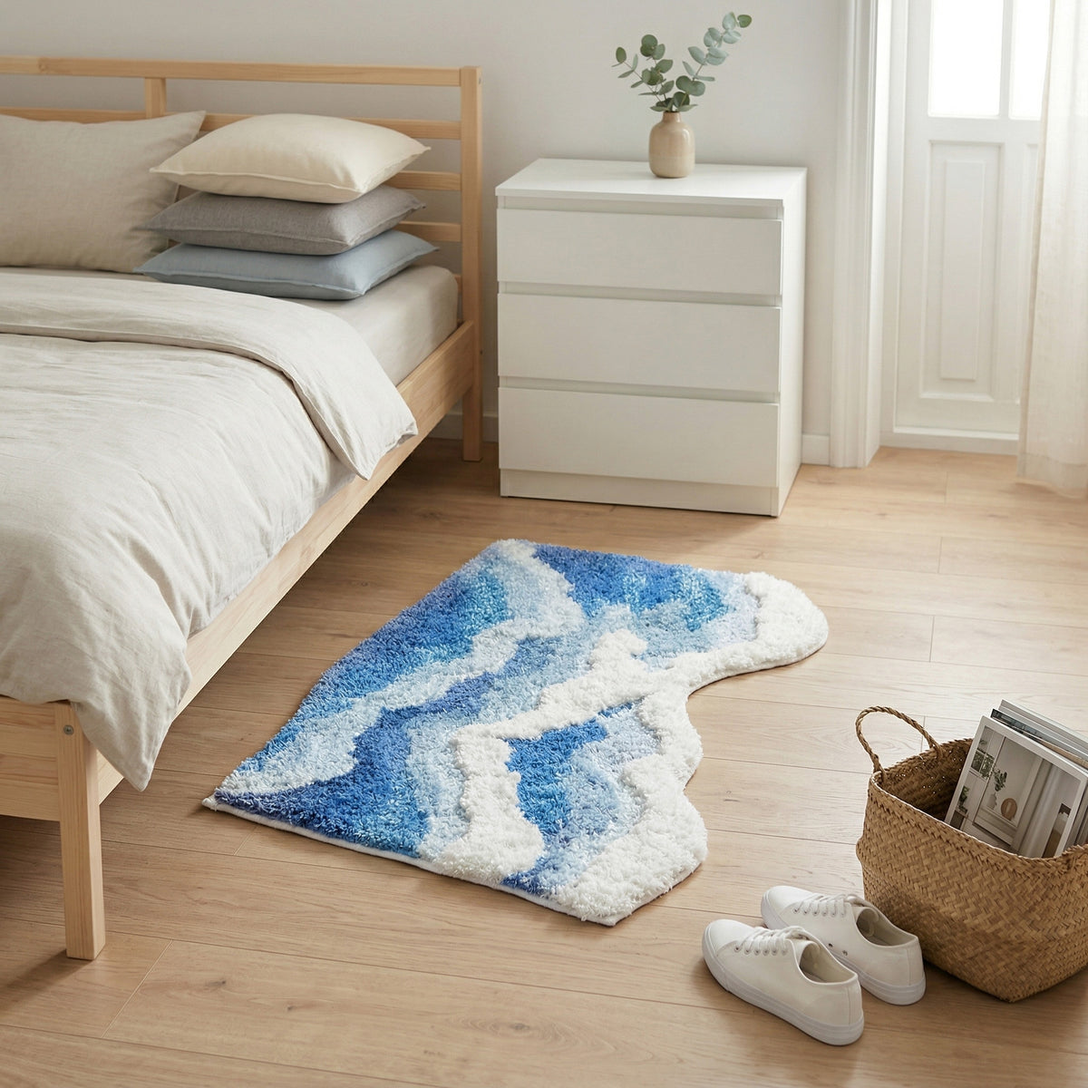 Alfombra Brisa Marina junto a una cama de madera en un dormitorio luminoso