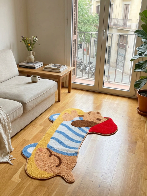 Alfombra Poppi de TUTU Home sobre parquet, en un salón con balcón.