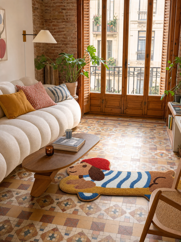 Alfombra Poppi junto al sofa en un salon luminoso de Barcelona