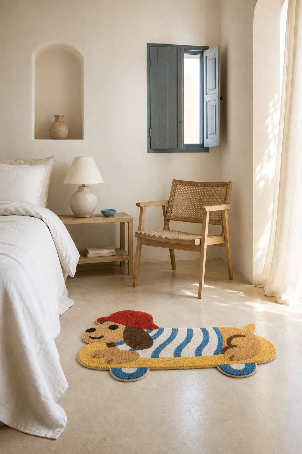 Poppi en un dormitorio tranquilo, junto a la cama