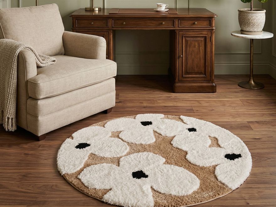 Alfombra redonda de flores en tonos crema junto a una butaca y un escritorio de madera
