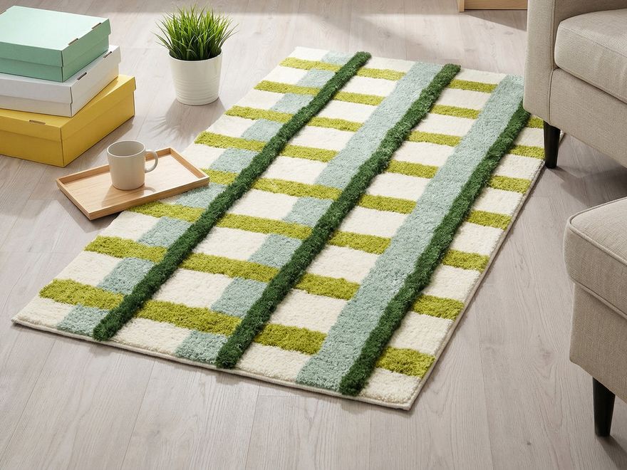 Alfombra de cuadros en verde y crema junto a una butaca, con una bandeja y una planta